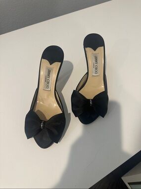 Jimmy Choo Black Satin Bow Peep-Toe Mules